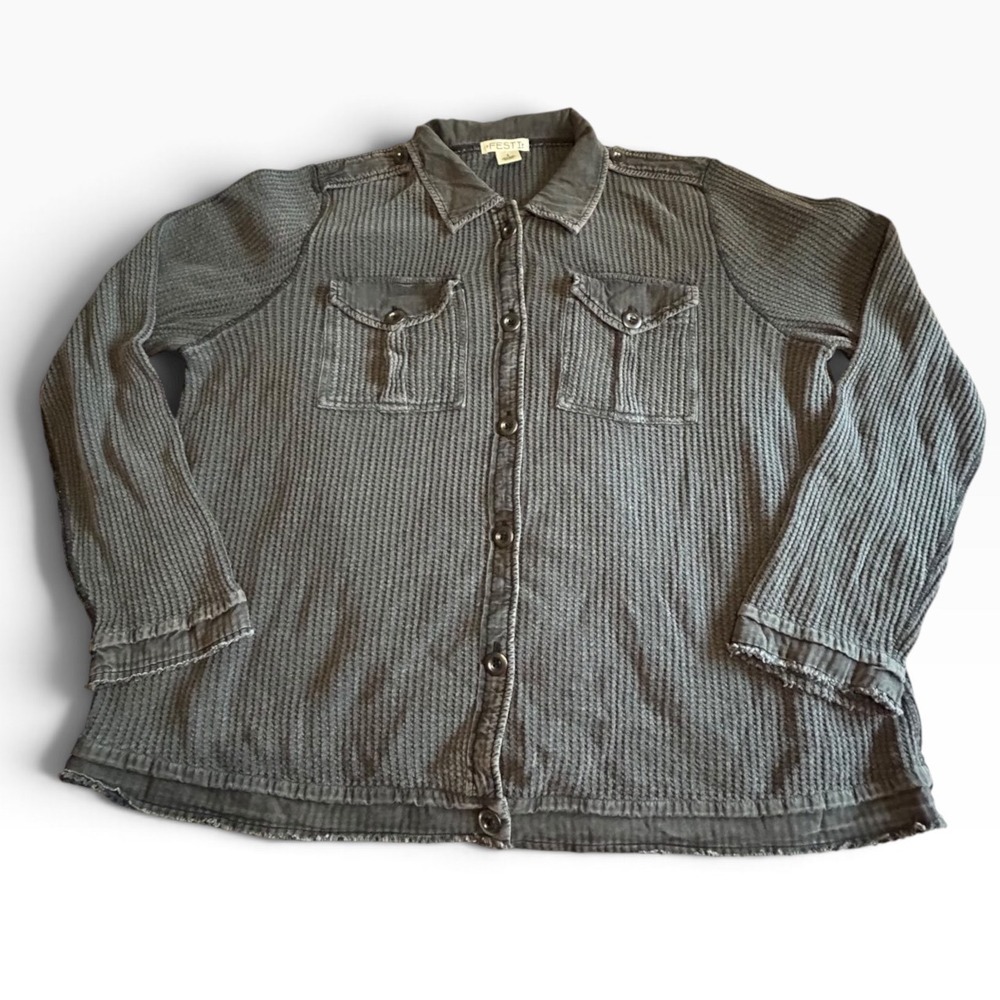 FESTI Gray Waffle Knit Button Down Shirt Jacket Raw Hem Cotton Size 2